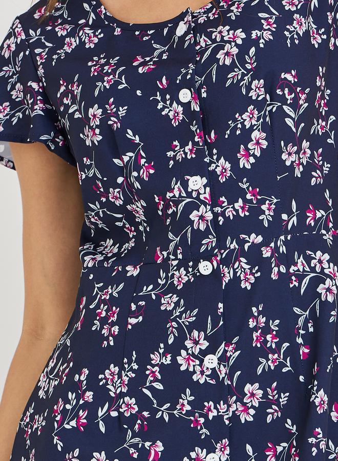 تايك تو فستان ميدي نسائي أزرق داكن بطبعات زهور وأزرار أمامية - Image 3