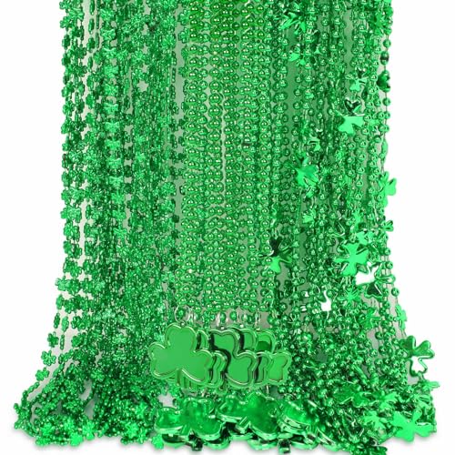 JULBEAR 30 pcs St. Patrick's Day Necklaces, Green Shamrock Clover Metallic Beaded Necklaces for St. Patrick's Day Mardi Gras Party Favors Supplies Irish Holiday Decorations（3 Style） - Image 1