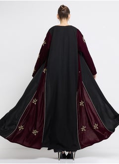 Rosette Abaya Maroon Velvet Side Abaya with Embroidery & Piping Design + Shella  - Image 3