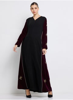 Rosette Abaya Maroon Velvet Side Abaya with Embroidery & Piping Design + Shella  - Image 2