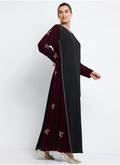 Rosette Abaya Maroon Velvet Side Abaya with Embroidery & Piping Design + Shella  - Image 1