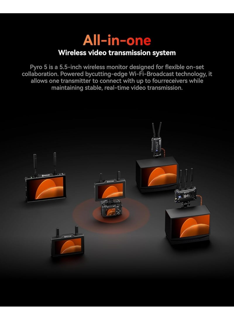 Hollyland Pyro 5 Wireless Video Transmitter Receiver and 5.5 Inch Camera Field Monitor HDMI SDI 1300ft Range 60ms Latency Dual Band Auto Hopping with Waveform LUTs Recording Vector Scope - Image 3