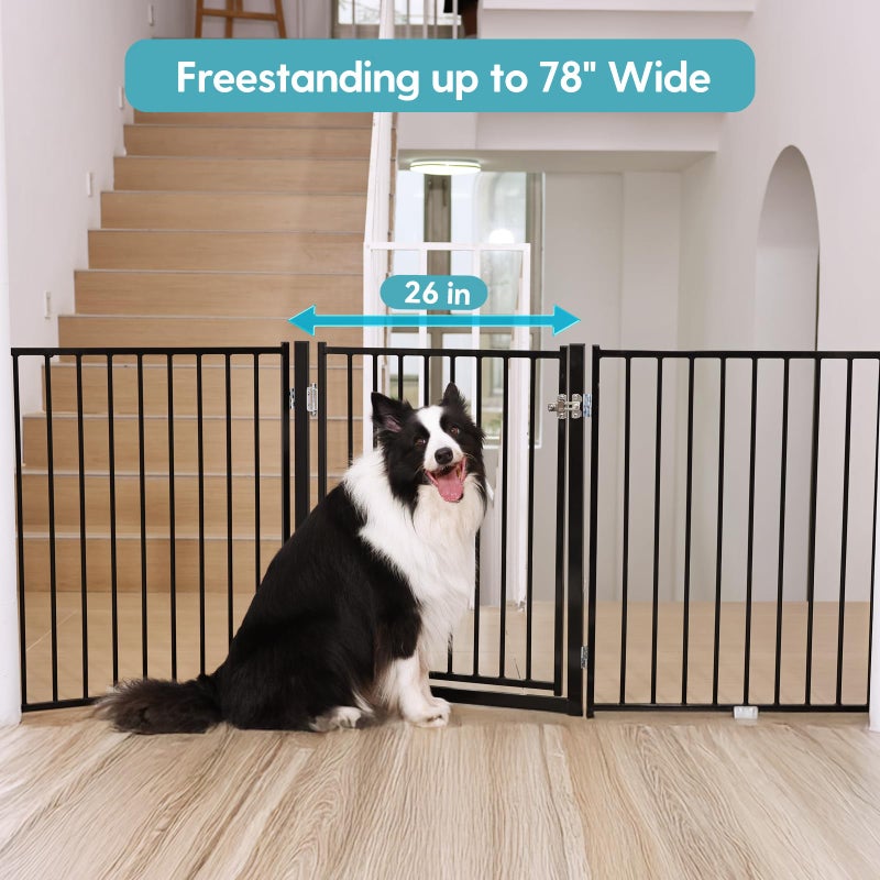 No Pawblems Free Standing Dog Gate with Door, 30'' Tall Foldable Dog Fence for Indoor & Outdoor, Up to 78 Inch Extra Wide Puppy Gate for Stairs, Hallways, Doorways, Deck, Yard (Black, 3 Panels) - Image 3
