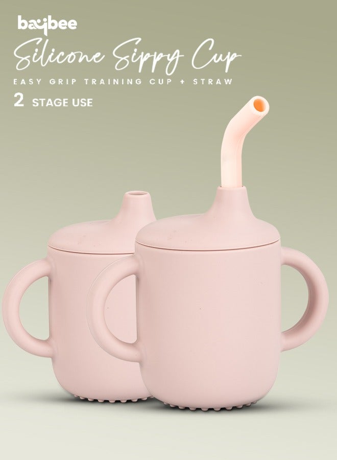 BAYBEE Baby BPA-Free Silicone Sipper Cup Drinking Training Anti Spill Sippy Cup with Silicone Straw & Lid for BabyToddler Spill Proof Non-Slip Twin Handles Spout Cup for Infants Kids 6+ Months Pink - Image 2