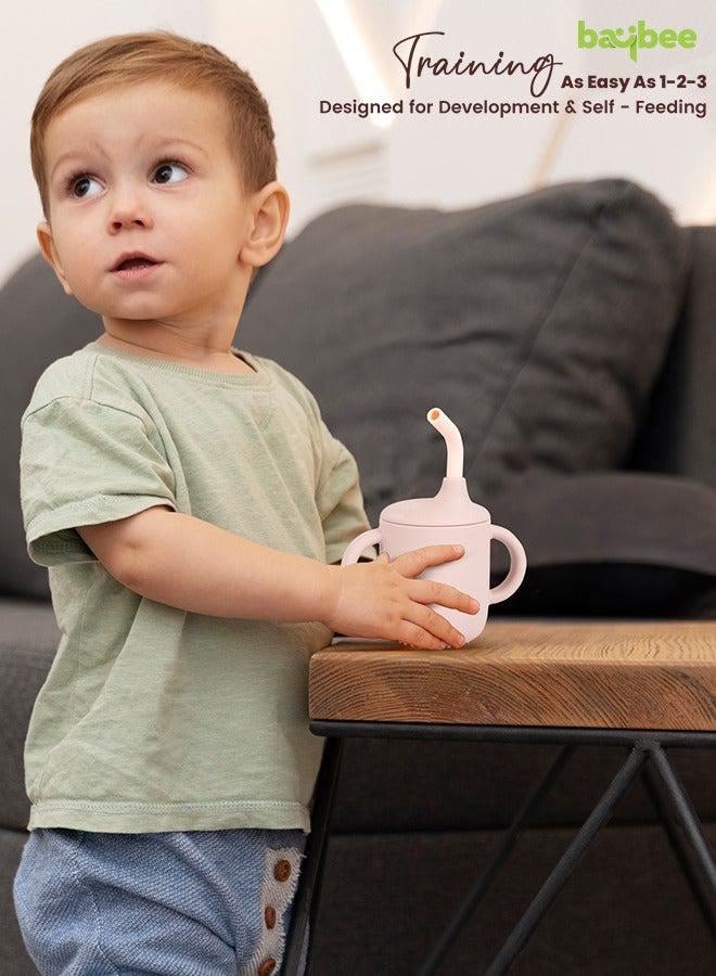 BAYBEE Baby BPA-Free Silicone Sipper Cup Drinking Training Anti Spill Sippy Cup with Silicone Straw & Lid for BabyToddler Spill Proof Non-Slip Twin Handles Spout Cup for Infants Kids 6+ Months Pink - Image 3