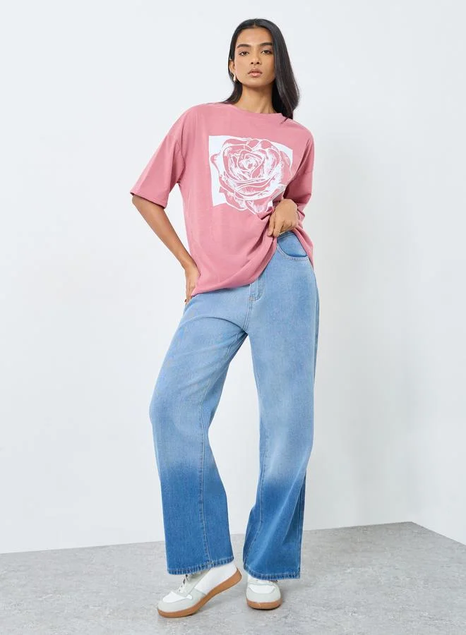تايك تو Take Two Graphic Print Short Sleeve Oversized T-Shirt
