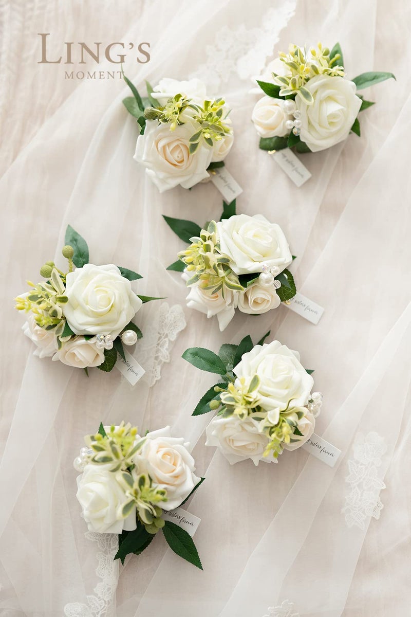 Ling's moment Ling's Moment White Wrist Corsage for Wedding(Set of 6)  Ivory Prom Corsages Wristlet for Girls  Women  Mothers  Bridesmaids for Anniversary  Graduation  etc.  - Image 2