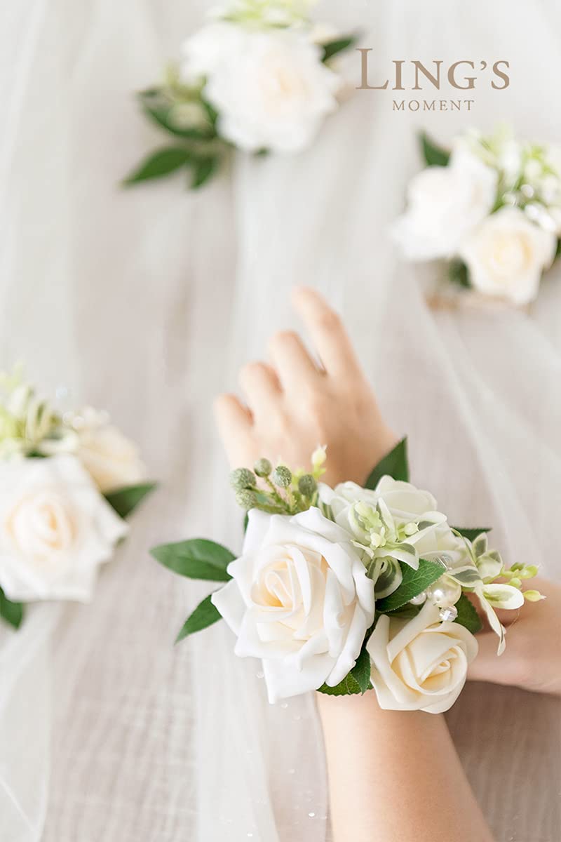 Ling's moment Ling's Moment White Wrist Corsage for Wedding(Set of 6)  Ivory Prom Corsages Wristlet for Girls  Women  Mothers  Bridesmaids for Anniversary  Graduation  etc.  - Image 3