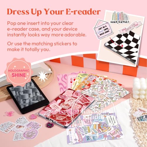 Kaciola 12PCS Inserts Cardstock for E-Reader, and 50PCS Scrapbook Sticker for Clear Case, 6.9"x4.8" Bookish Girlie Theme E-Reader Back Cover Insert Decorating Accessories for Paper White 11th-12th - Image 2