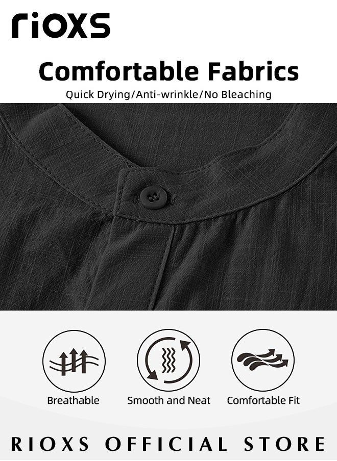 RIOXS Men's Summer Loose Shirts Cotton Linen Button-Up Tops Short Sleeve V-Neck Henley Shirts Casual Comfort Beach Shirts  - Image 5