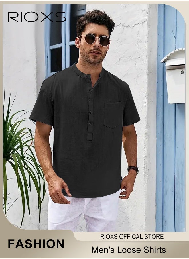 RIOXS Men's Summer Loose Shirts Cotton Linen Button-Up Tops Short Sleeve V-Neck Henley Shirts Casual Comfort Beach Shirts  - Image 2