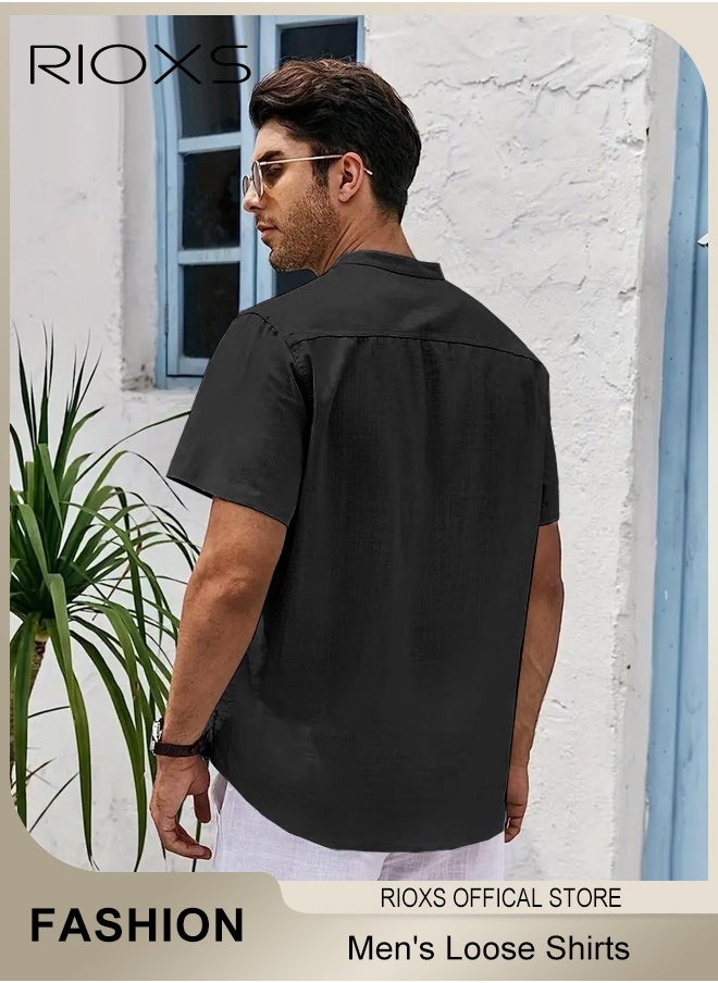 RIOXS Men's Summer Loose Shirts Cotton Linen Button-Up Tops Short Sleeve V-Neck Henley Shirts Casual Comfort Beach Shirts  - Image 3