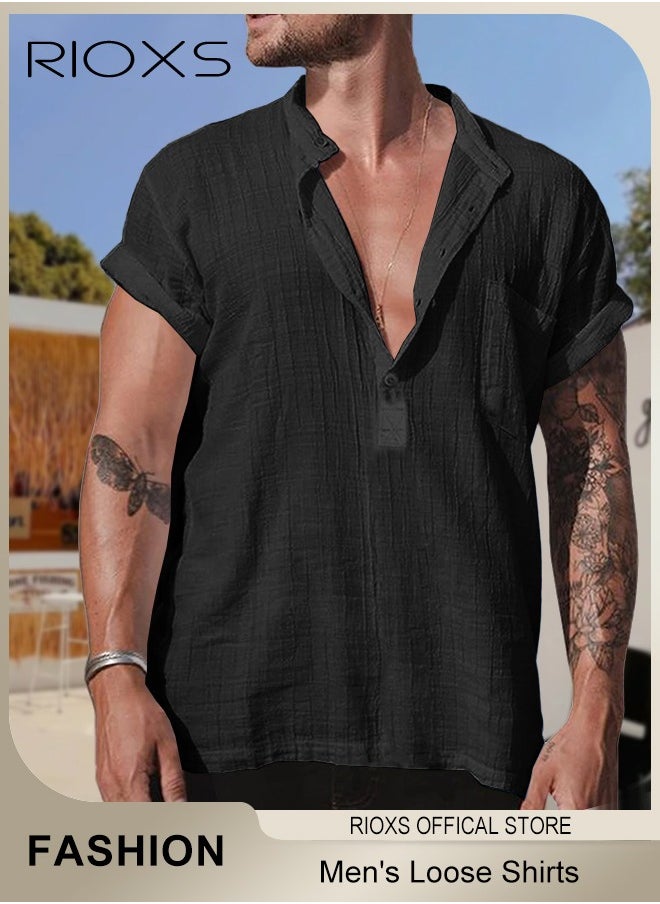 RIOXS Men's Summer Loose Shirts Cotton Linen Button-Up Tops Short Sleeve V-Neck Henley Shirts Casual Comfort Beach Shirts  - Image 4