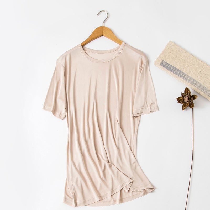 Solid Color Silk Knitted Crewneck T-Shirt Large Size Loose Mulberry Silk Short Sleeve Crewneck T-Shirt Men'S Summer - Image 1