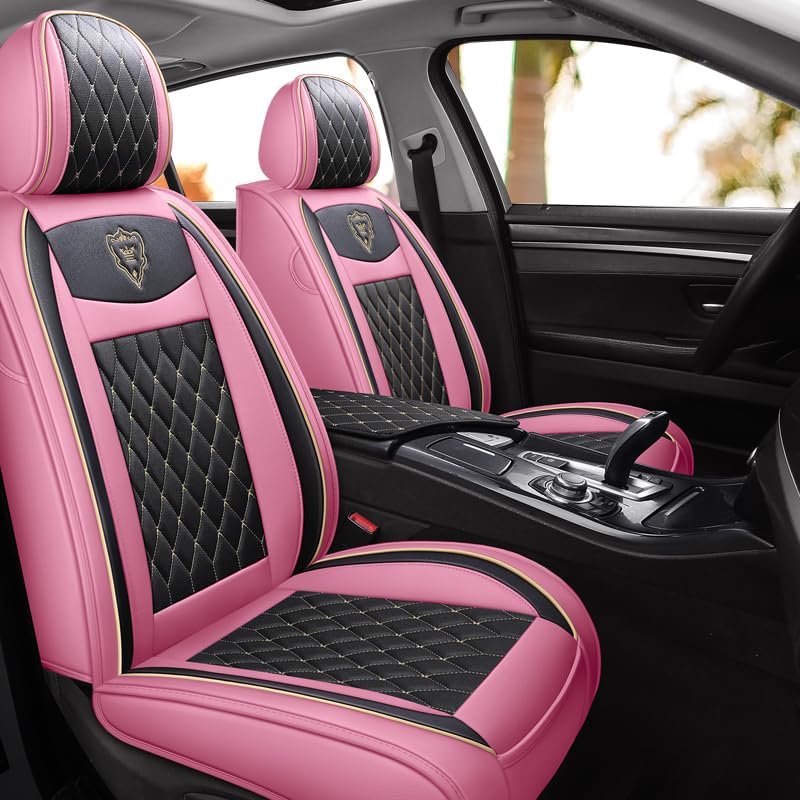 SanQing Car Seat Covers Full Set, Super Luxurious Heavy Universal Duty Waterproof Leather Automotive Vehicle Cover for Cars SUV Pick-up Truck, Non-Slip Seat Pink Car Accessories(Pink Black - Image 1