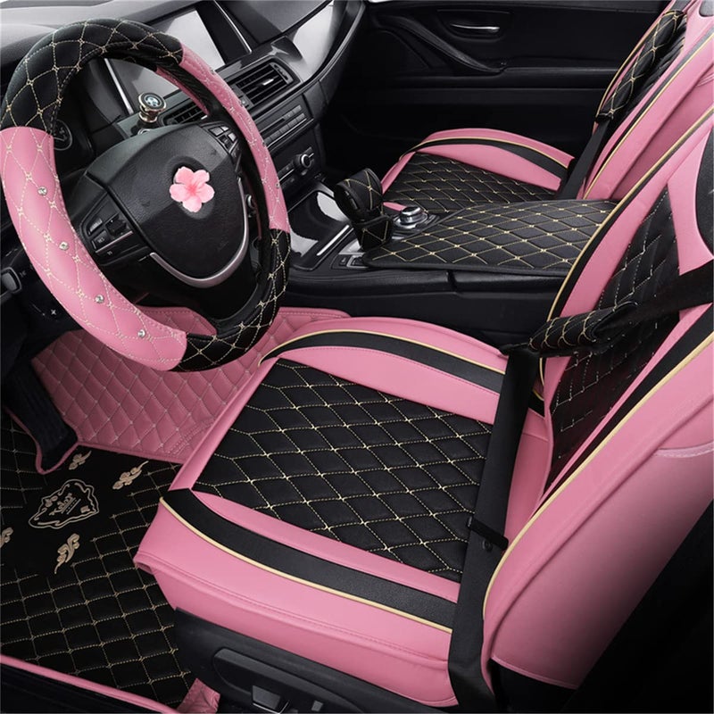 SanQing Car Seat Covers Full Set, Super Luxurious Heavy Universal Duty Waterproof Leather Automotive Vehicle Cover for Cars SUV Pick-up Truck, Non-Slip Seat Pink Car Accessories(Pink Black - Image 2