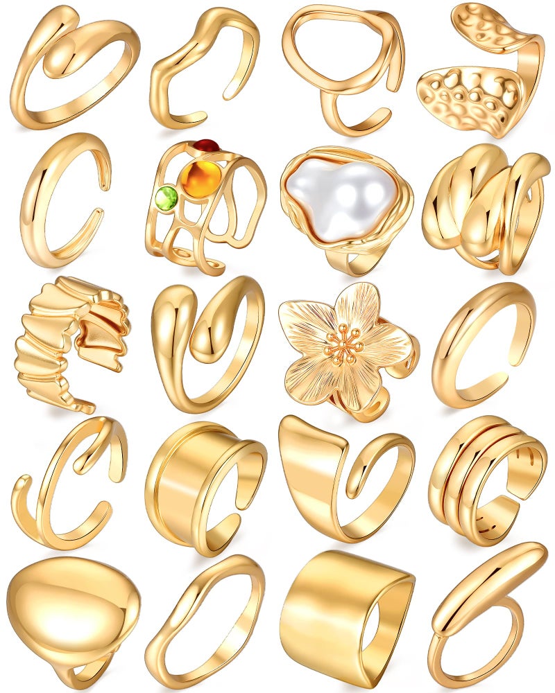 YEEZII 20 Pcs Gold Rings Set for Women, Chunky Statement Flower Finger Midi Rings, Big Boho Stacking Rings Pack Trendy Stuff Jewelry Gift - Image 1