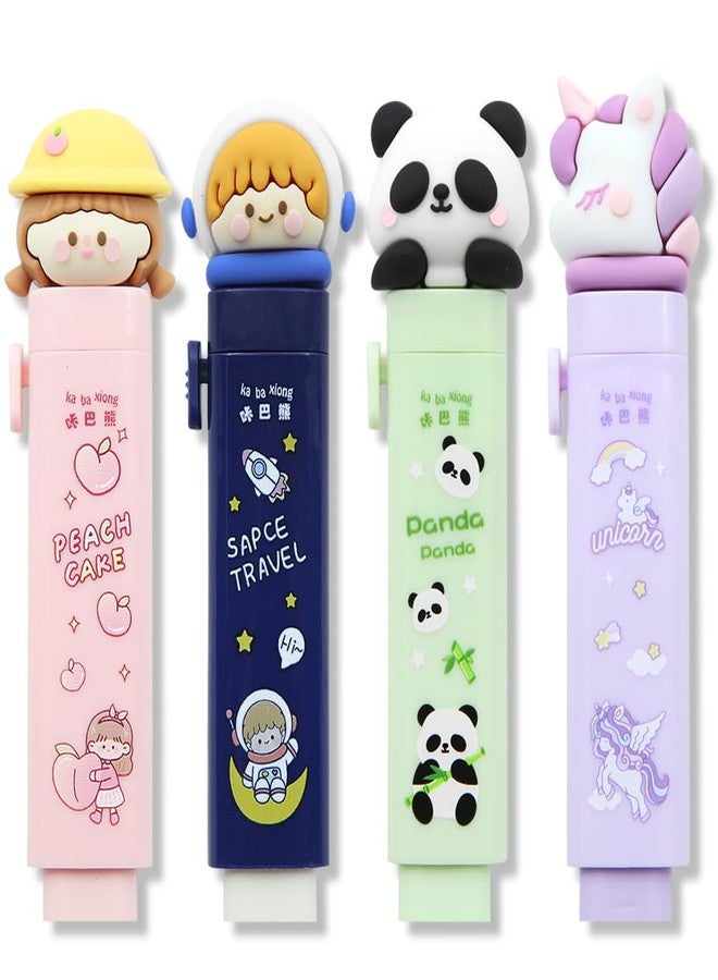 Geluode Cute Astronaut Peach Girl Unicorn Panda Sliding Eraser - 4 Pcs with 4 Refills for Kids Boys Girls School Supplies - Image 1