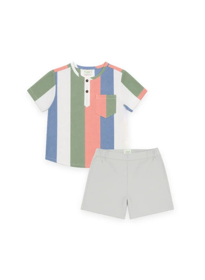 Luay Multicolour LUAY Boys Linen Blend Shirt & Shorts Co-Ord Set | Striped Short Sleeve Button-Down Shirt with Shorts | Soft Breathable Casual Summer Outfit for Boys for Men | Best Price UAE