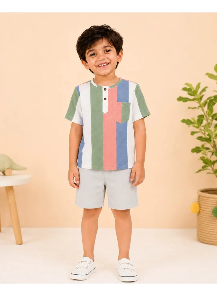 LUAY Boys Linen Blend Shirt & Shorts Co-Ord Set | Striped Short Sleeve Button-Down Shirt with Shorts | Soft Breathable Casual Summer Outfit for Boys