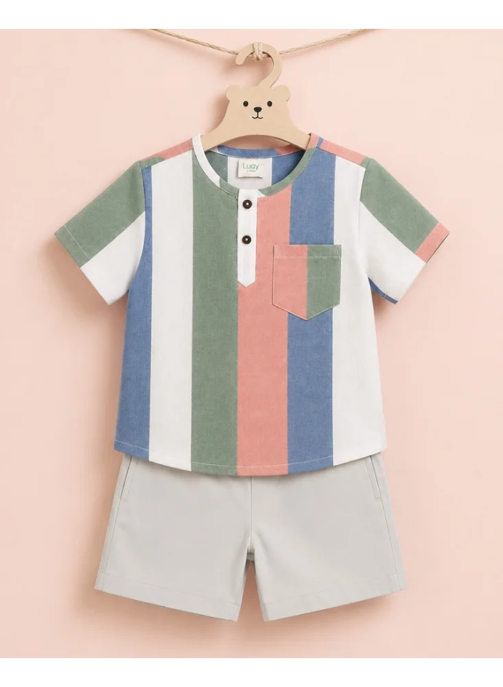 Luay Multicolour LUAY Boys Linen Blend Shirt & Shorts Co-Ord Set | Striped Short Sleeve Button-Down Shirt with Shorts | Soft Breathable Casual Summer Outfit for Boys for Men | Best Price UAE
