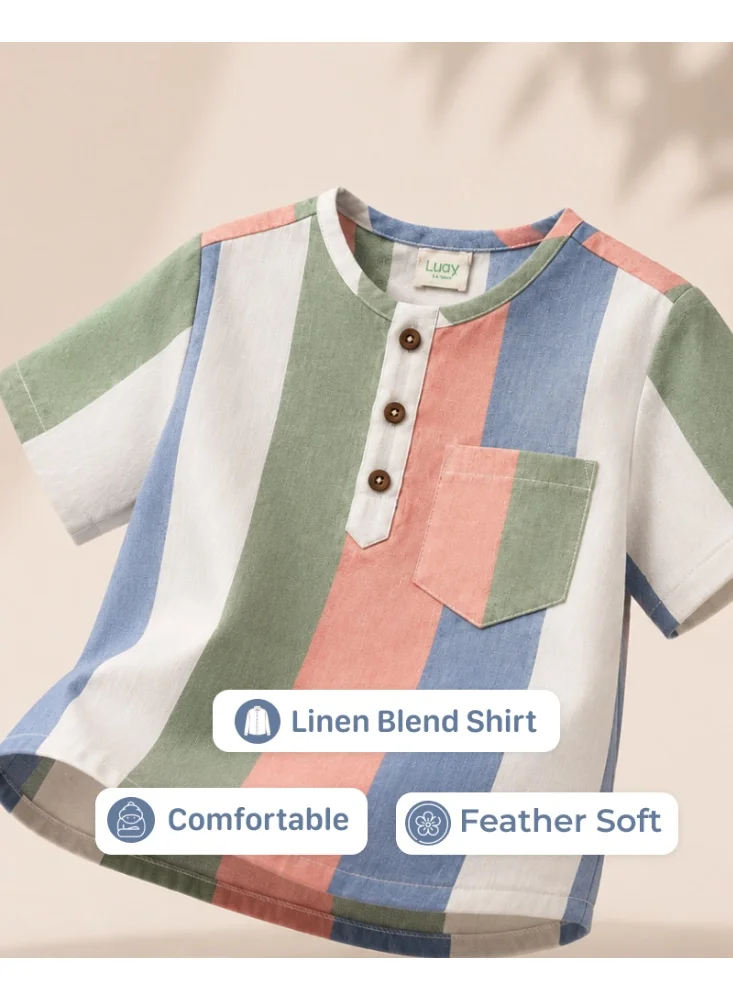 Luay Multicolour LUAY Boys Linen Blend Shirt & Shorts Co-Ord Set | Striped Short Sleeve Button-Down Shirt with Shorts | Soft Breathable Casual Summer Outfit for Boys for Men | Best Price UAE