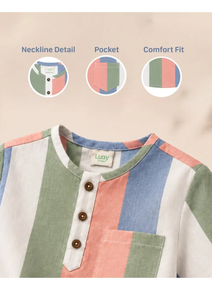 Luay Multicolour LUAY Boys Linen Blend Shirt & Shorts Co-Ord Set | Striped Short Sleeve Button-Down Shirt with Shorts | Soft Breathable Casual Summer Outfit for Boys for Men | Best Price UAE
