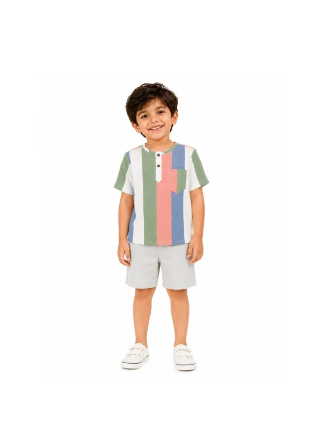 Luay Multicolour LUAY Boys Linen Blend Shirt & Shorts Co-Ord Set | Striped Short Sleeve Button-Down Shirt with Shorts | Soft Breathable Casual Summer Outfit for Boys for Men | Best Price UAE