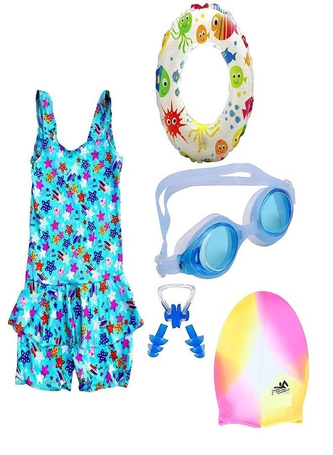 LEBAMI Premium Girls Swimming Kit with Swimming Costume Swimming Goggles Swim Ring Swimming Cap Ear Plug and Nose Plug Multicolour - Image 1