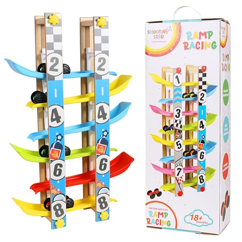 Shooting Star Ramp Racing Car Track Toy for Toddlers | Multicolor 4-Level Wooden Slide Ramp with Mini Cars | Educational STEM Vehicle Track Set | Montessori Toy for Motor Skills | 18M+ - Image 1