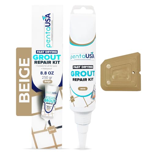 PentaUSA Tile Grout Repair Kit - Beige Grout Filler, Triple Protection, Fast Drying Formula Restores and Renews Joint Lines with Scraper (Beige, 8.8oz / 250gr) - Image 1
