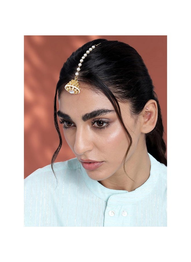 Aheli مجوهرات شعر مطلية بالذهب من كوندان مانج تيكا للنساء  - Image 3