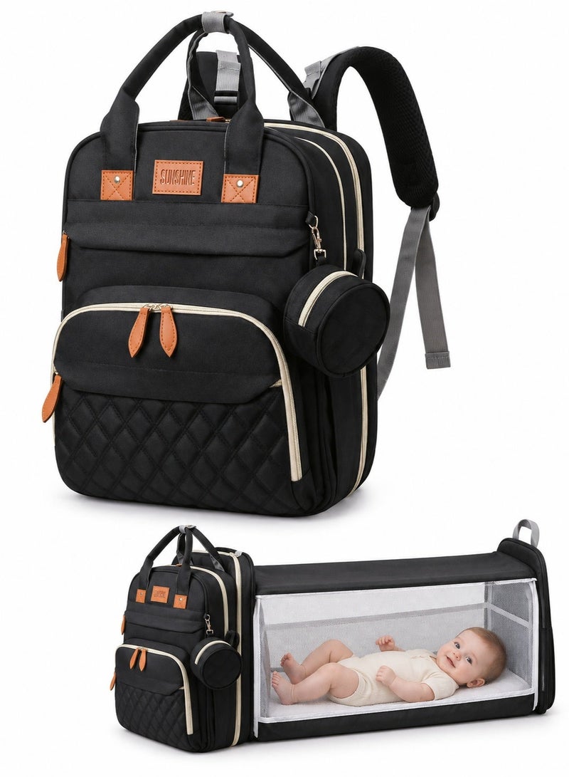 SQ Kids Black Diaper Bag Backpack | 2-in-1 Foldable Crib & Changing Station | Multifunctional Travel Baby Bag with USB Charging Port | Water-Resistant Oxford - Image 1