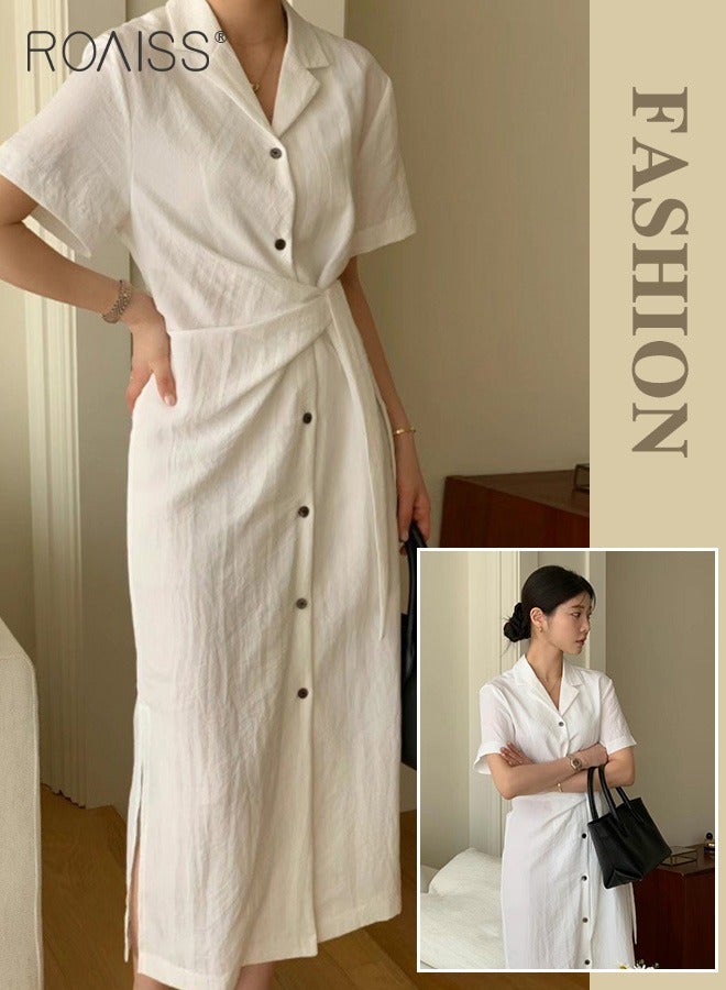 roaiss Fashionable And Elegant Shirt Dress For Women'S Daily Commuting Business V-Neck Short-Sleeved Single-Breasted Waist-Cinching All-Match Dress - Image 2