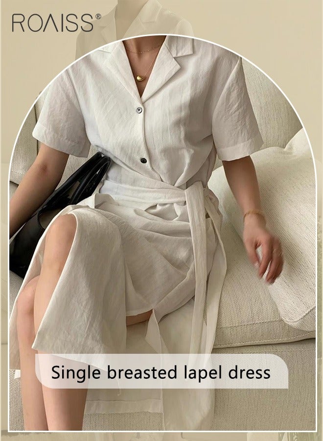 roaiss Fashionable And Elegant Shirt Dress For Women'S Daily Commuting Business V-Neck Short-Sleeved Single-Breasted Waist-Cinching All-Match Dress - Image 3