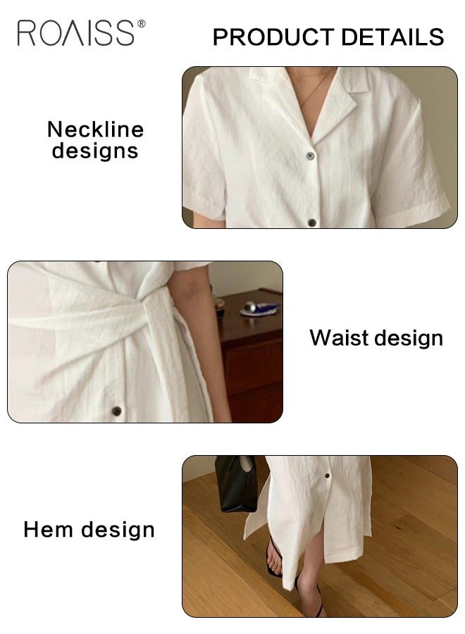 roaiss Fashionable And Elegant Shirt Dress For Women'S Daily Commuting Business V-Neck Short-Sleeved Single-Breasted Waist-Cinching All-Match Dress - Image 5
