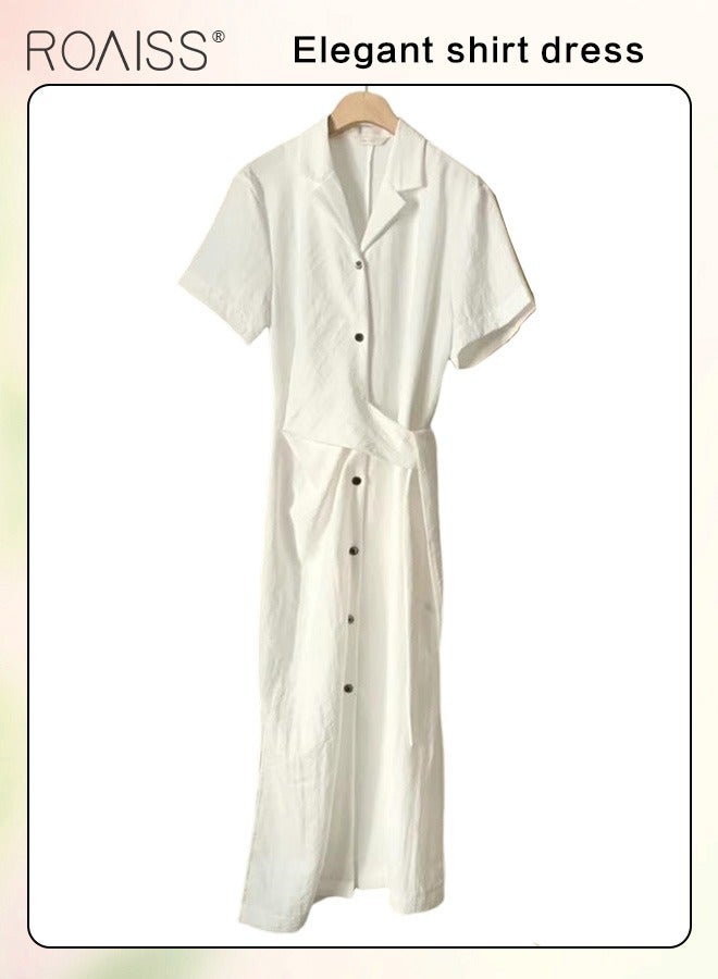 roaiss Fashionable And Elegant Shirt Dress For Women'S Daily Commuting Business V-Neck Short-Sleeved Single-Breasted Waist-Cinching All-Match Dress - Image 4