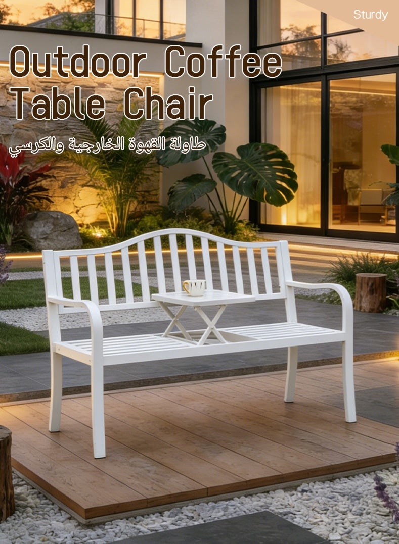 White Outdoor Metal Bench with Adjustable Coffee Table , High Load Capacity & Multi - Scenario Use(200KG Load, Carbon Steel) - Image 5