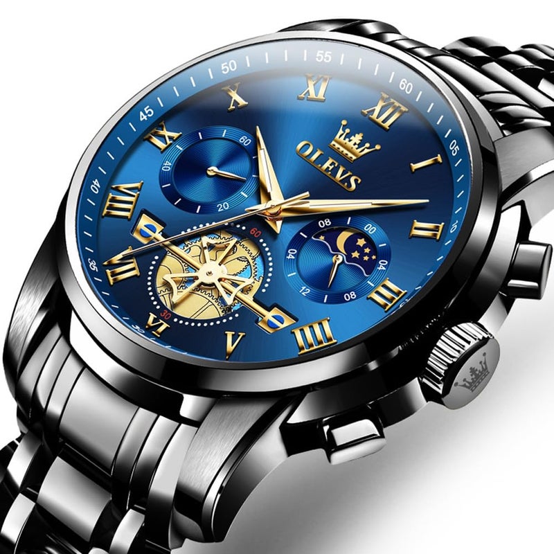 OLEVS Blue Watch for Men,Chronograph Men Watches, Black Stainless Steel Multi-Function Watch,Waterproof Luminous Wristwatch,Business Classic Watch for Man,Relojes para Hombres - Image 2