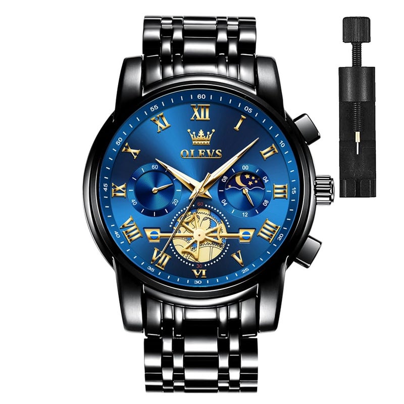 OLEVS Blue Watch for Men,Chronograph Men Watches, Black Stainless Steel Multi-Function Watch,Waterproof Luminous Wristwatch,Business Classic Watch for Man,Relojes para Hombres - Image 1