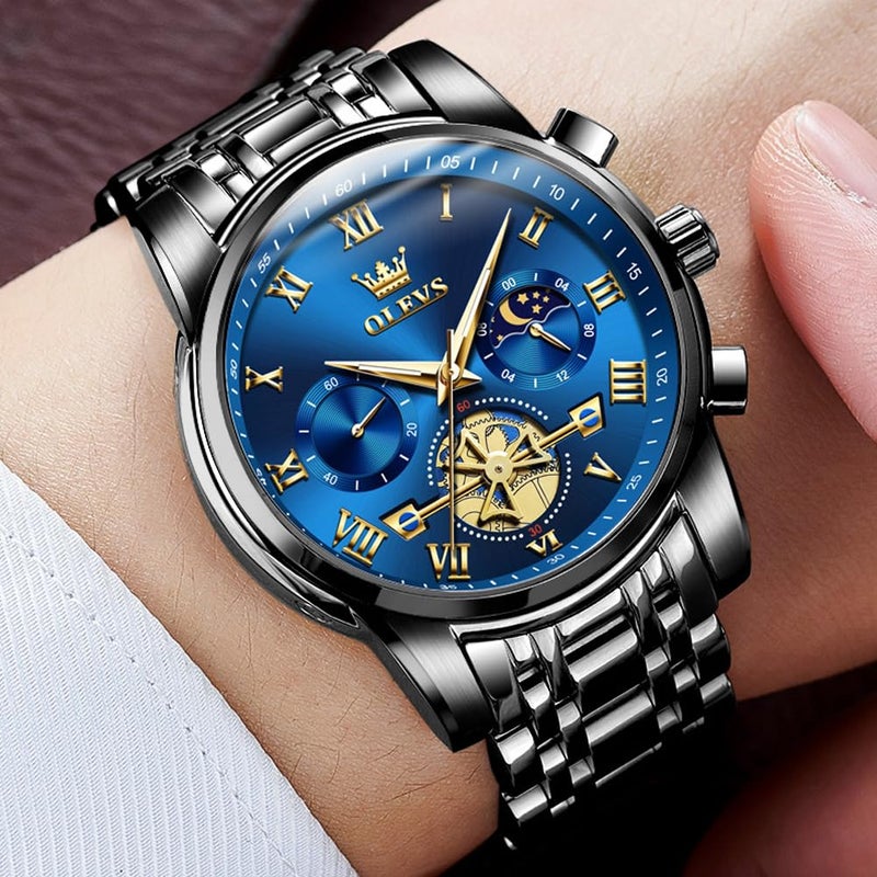 OLEVS Blue Watch for Men,Chronograph Men Watches, Black Stainless Steel Multi-Function Watch,Waterproof Luminous Wristwatch,Business Classic Watch for Man,Relojes para Hombres - Image 4