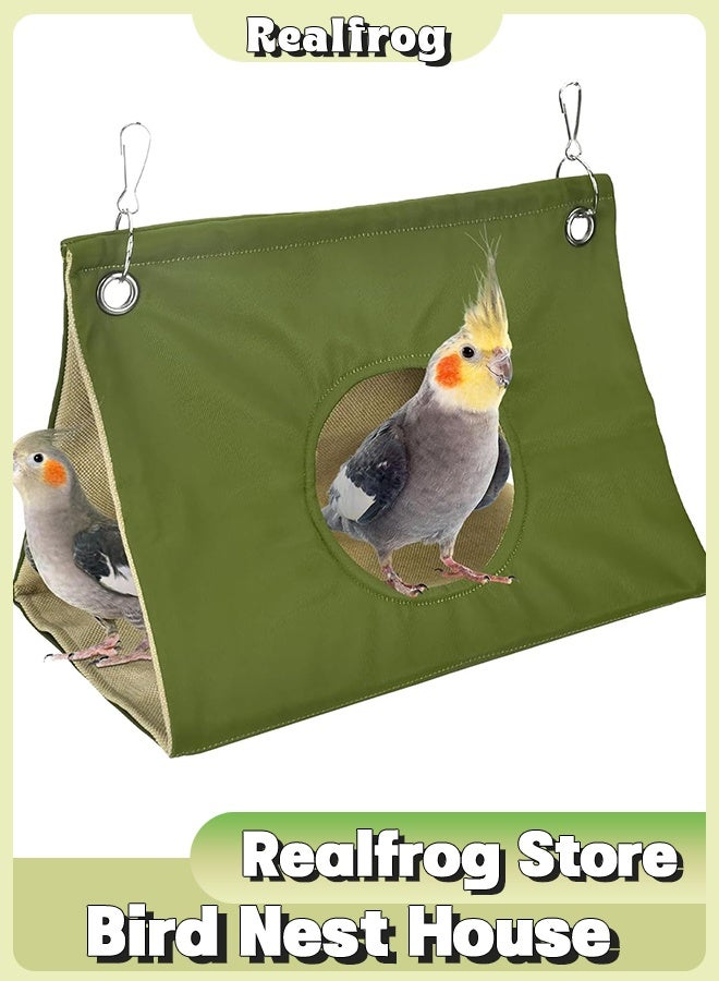 الضفدع الحقيقي بيت عش طيور كبير، سرير طيور مريح للقفص مع حصيرة، كوخ أرجوحة معلق، مخبأ للببغاوات الكبيرة، الببغاء الرمادي الأفريقي، ببغاء الأمازون، عش طيور للببغاوات الصغيرة/الببغاء الرمادي الأفريقي/الكوكاتو/ببغاء الأمازون/الكوكاتيل (زيتوني) - Image 1