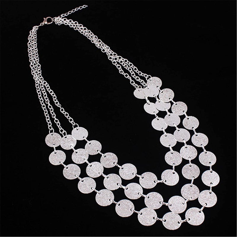cheekyglo Vintage Multi-Layer Sweater Clavicle Chain Necklace Round Sequins Disc Choker Necklace Beach Jewelry for Women,Silver - Image 2