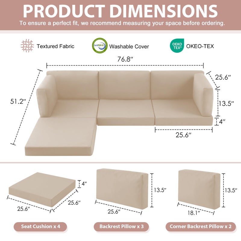 MuaMelop 7-Piece Patio Furniture Cushions Set, Replacement Outdoor Cushions for 4-Seat Patio Sectional, Waterproof & Fade Resistant Deep Seat Cushion for Outdoor Sofa, Beige - Image 2