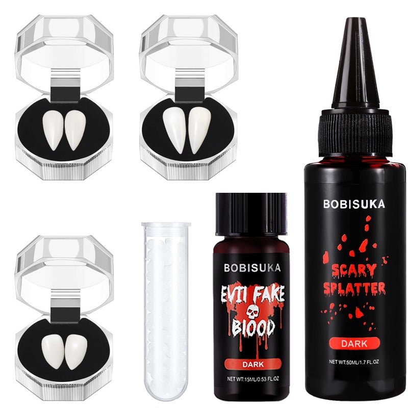 BOBISUKA Halloween Vampire Teeth Fake Blood Makeup Kit Special Effects SFX Makeup Set 3 Pairs Vampire Fangs 2Pcs Realistic Washable Fake Blood for Halloween Vampire Cosplay Costume Party