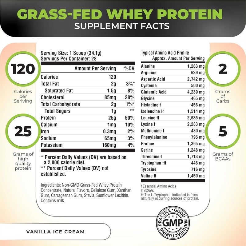 Nutrology Grass Fed Whey Protein Powder Vanilla Ice Cream Flavor Supports Lean Muscle Recovery  Performance Cold Processed Grass Fed Whey and Amino Acid Powder Shake Blend or Bake 28 Servings - Image 2