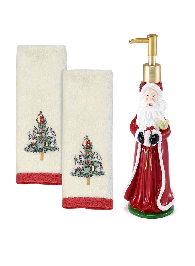Spode - Bathroom Set, Resin Lotion Pump & 2pc Cotton Fingertip Towels, Festive Home Decor (Christmas Tree Collection) - Image 1