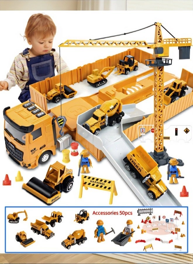 50 Pieces Diecast Vehicles, Construction Toys for Boys Ages 3-7: Construction Truck Playset, Car Truck Toys for Toddlers - Crane Digger Excavator Dump Truck, Construction Vehicle Toys, Gifts for Boys Ages 3 4 5 6 7 - Image 1