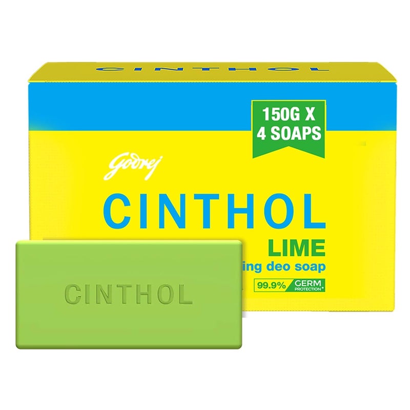Cinthol صابون سينثول بالليمون 150 جرام عبوة من 4 999 حماية من الجراثيم عطر الليمون المنعش صابون للاستحمام درجة 1 مناسب لجميع أنواع البشرة - Image 1