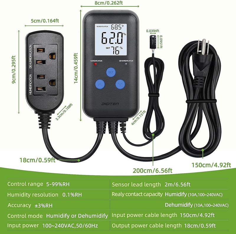 DIGITEN Humidity Controller Pre-Wired Digital Humidistat with Temperature Display, Dual-Stage Outlet Humidifier /Dehumidifier for Mushroom,Reptile, Greenhouse, Fan, Grow Tent - Image 3